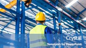  Presentation with manufacturing safety - Beautiful theme featuring safety manufacturing - worker in factory controlling crane backdrop and a teal colored foreground