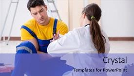  Presentation with being new doctor - Slide deck having safety medical workplace - injured worker being assisted background and a teal colored foreground