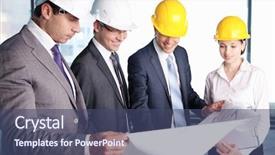  Presentation with philosophy construction people connect - Colorful PPT theme enhanced with safety meeting - business people in hard hats backdrop and a ocean colored foreground