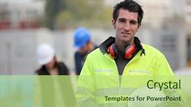  Presentation with safety meeting - PPT layouts consisting of safety meeting - portrait of a young worker background and a mint green colored foreground