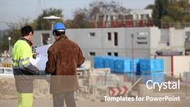  Presentation with safety meeting - Presentation theme enhanced with safety meeting - workers on a construction site background and a  colored foreground