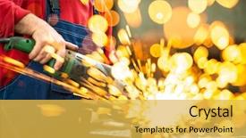  Presentation with metal - Colorful presentation theme enhanced with safety mill - worker cutting metal backdrop and a yellow colored foreground