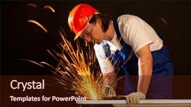  Presentation with worker safety - Colorful slide deck enhanced with safety mill - worker cutting metal backdrop and a  colored foreground