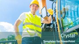  Presentation with machinery - Presentation design featuring mining safety - asian driver standing on construction background and a ocean colored foreground