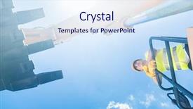  Presentation with building construction - Presentation with mining helmet - asian driver standing on construction background and a sky blue colored foreground