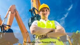  Presentation with construction company - Beautiful presentation theme featuring mining helmet - asian worker standing in front backdrop and a coral colored foreground