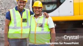  Presentation with industrial workers - Colorful presentation theme enhanced with safety ppe - african industrial co-workers portrait backdrop and a dark gray colored foreground