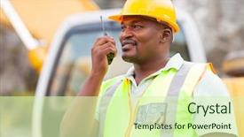  Presentation with safety ppe - Presentation design having safety ppe - afro american industrial worker talking background and a soft green colored foreground