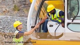  Presentation with bulldozer - Audience pleasing presentation theme consisting of safety ppe - happy construction manager handshaking backdrop and a gold colored foreground