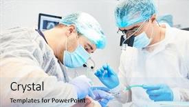  Presentation with dental radiology dentist and assistant - Audience pleasing PPT theme consisting of safety procedures - two dentist perform dental operation backdrop and a light blue colored foreground