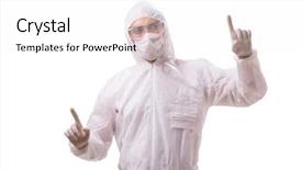  Presentation with music man in suit - Colorful presentation design enhanced with protection radiation - man in protective suit isolated backdrop and a white colored foreground