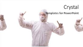  Presentation with man in suit guitar - Slide deck featuring radiation pollution - man in protective suit isolated background and a sky blue colored foreground