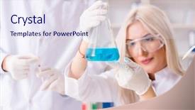  Presentation with clinic - Theme with drug pollution - young woman chemist working background and a sky blue colored foreground