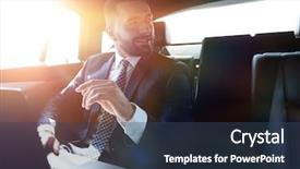  Presentation with car seat - Theme featuring businessman sitting in the back seat in the car and pointing his background and a ocean colored foreground