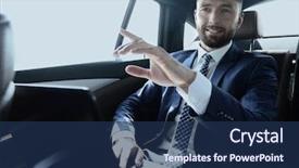  Presentation with car seat - PPT theme featuring businessman sitting in the back seat in the car and pointing his finger forward background and a ocean colored foreground
