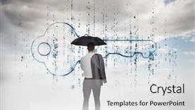 Presentation with umbrella - Audience pleasing theme consisting of safety security - businessman with an umbrella looking backdrop and a light gray colored foreground