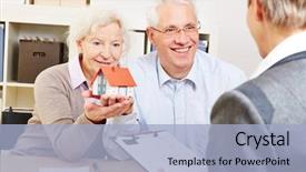  Presentation with buying a house - Presentation featuring safety security - happy senior couple with little background and a light blue colored foreground