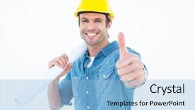  Presentation with blueprint - Slides enhanced with safety signs - portrait of happy architect holding background and a light blue colored foreground