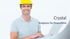  Presentation with laptop computers around the world backgroun - PPT layouts featuring safety signs - portrait of happy carpenter using background and a sky blue colored foreground