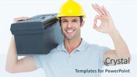  Presentation with worker safety - PPT theme having safety signs - portrait of happy worker carrying background and a sky blue colored foreground