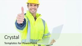  Presentation with laptop computers around the world backgroun - Presentation theme having safety signs - portrait of male architect background and a soft green colored foreground