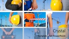 Presentation with equipment - Colorful presentation theme enhanced with safety signs - workers with equipment on building backdrop and a light blue colored foreground