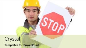  Presentation with worker - Slides featuring safety signs - young road worker background and a soft green colored foreground