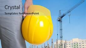  Presentation with steel building - Presentation theme with safety steel construction - closeup of builder with yellow background and a light blue colored foreground