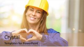  Presentation with woman engineer - Presentation design consisting of safety symbols - engineer construction worker woman happy background and a coral colored foreground