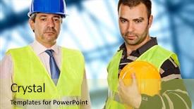  Presentation with worker safety - Beautiful theme featuring safety team - proud boss and worker standing backdrop and a yellow colored foreground