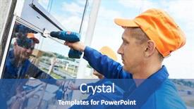  Presentation with birth jesus stained glass window - Presentation theme with safety tips - two builders worker installing glass background and a ocean colored foreground