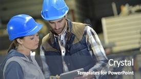  Presentation with steel factory - Slides having safety training - engineers in steel factory working background and a ocean colored foreground