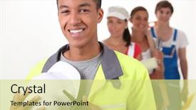  Presentation with safety training - Amazing theme having safety training - four people from different trades backdrop and a yellow colored foreground