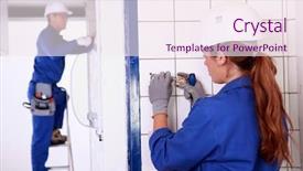  Presentation with electricians - Slide set with safety training - two electricians at work background and a sky blue colored foreground