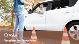  Presentation with driving - PPT layouts enhanced with safety training - young man passing driving license background and a coral colored foreground