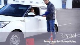  Presentation with driving - Audience pleasing PPT theme consisting of safety training - young woman passing driving license backdrop and a gray colored foreground