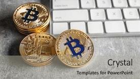  Presentation with bitcoins - Cool new slide deck with safety value - golden bitcoins with computer keyboard backdrop and a light gray colored foreground