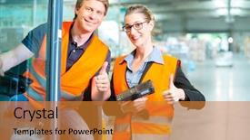  Presentation with logistics warehouse - Amazing slide set having safety wear - logistics teamwork - forklift driver backdrop and a gold colored foreground
