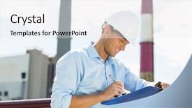  Presentation with plastic waste dumping site - Presentation enhanced with safety wear - male architect writing on clipboard background and a white colored foreground