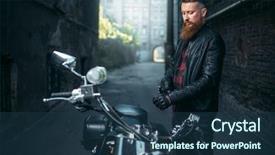  Presentation with leather scrapbook - Beautiful presentation design featuring road safety week - bearded biker in leather clothes backdrop and a ocean colored foreground