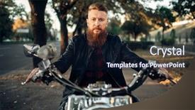  Presentation with road safety - Beautiful slide set featuring road safety week - bearded motorcyclist sitting on classical backdrop and a tawny brown colored foreground