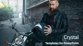  Presentation with man riding big bike motor - Slide set enhanced with road safety week - biker puts on helmet background and a navy blue colored foreground