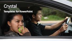  Presentation with transportation brand new cars - Presentation theme featuring road safety week - young couple in their brand background and a wine colored foreground