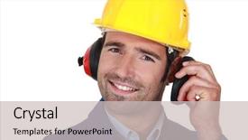  Presentation with work safety - Slides enhanced with safety work - happy builder wearing ear protection background and a light gray colored foreground