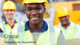  Presentation with safety workplace - PPT theme featuring safety workplace - happy african american construction worker background and a soft green colored foreground
