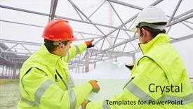  Presentation with managers - Theme enhanced with safety workplace - male engineers construction foreman managers background and a yellow colored foreground