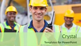  Presentation with safety workplace - PPT theme consisting of safety workplace - portrait of smiling contractor background and a mint green colored foreground