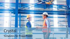  Presentation with shaking hands - Colorful slides enhanced with safety workplace - worker and customer having agreement backdrop and a light blue colored foreground