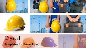  Presentation with safety workplace - Theme with safety workplace - workers with equipment on building background and a coral colored foreground