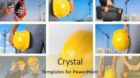  Presentation with electrical equipment motor - Audience pleasing presentation design consisting of safety workplace - workers with equipment on building backdrop and a yellow colored foreground